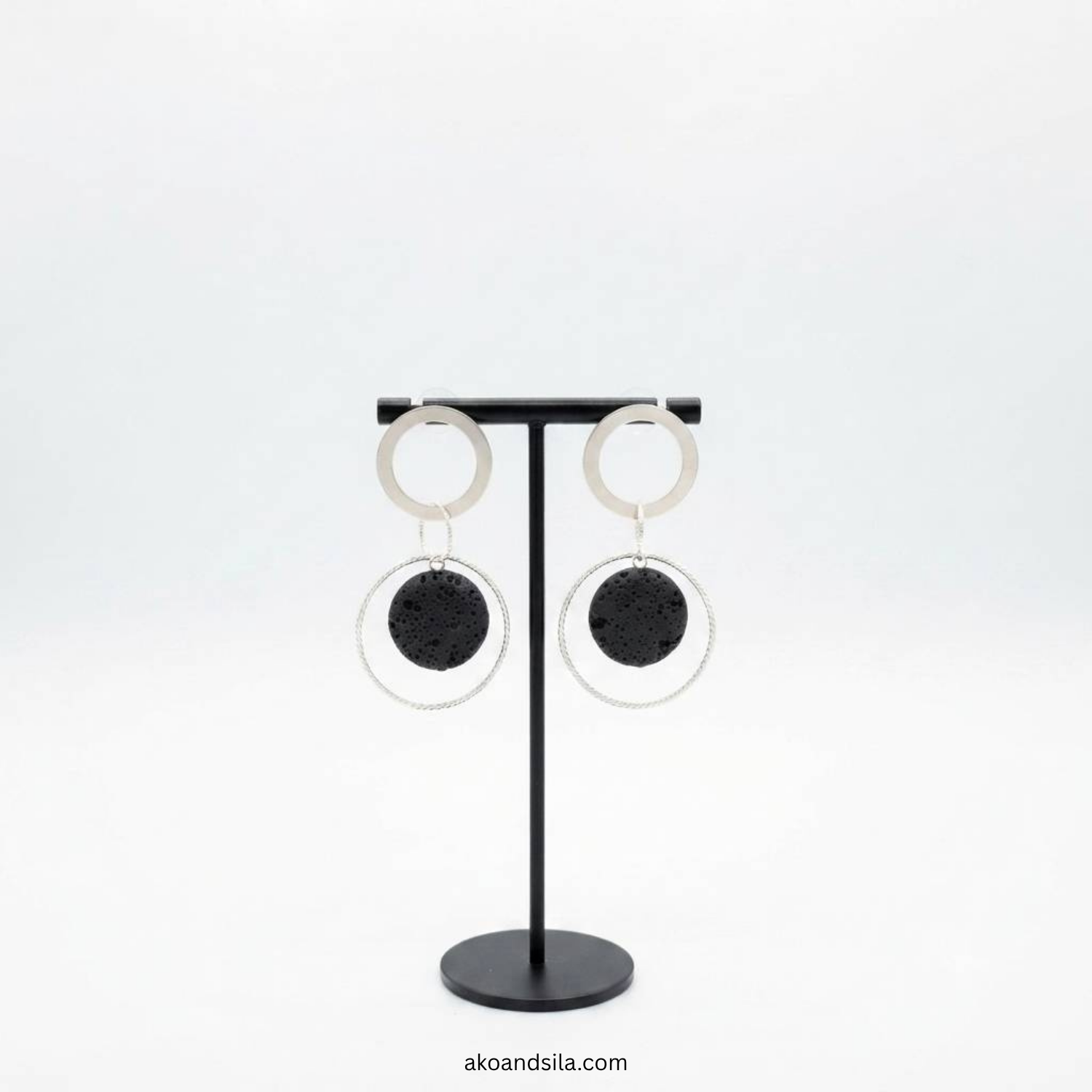 Silver Black Lava Stone Earrings - Image 3