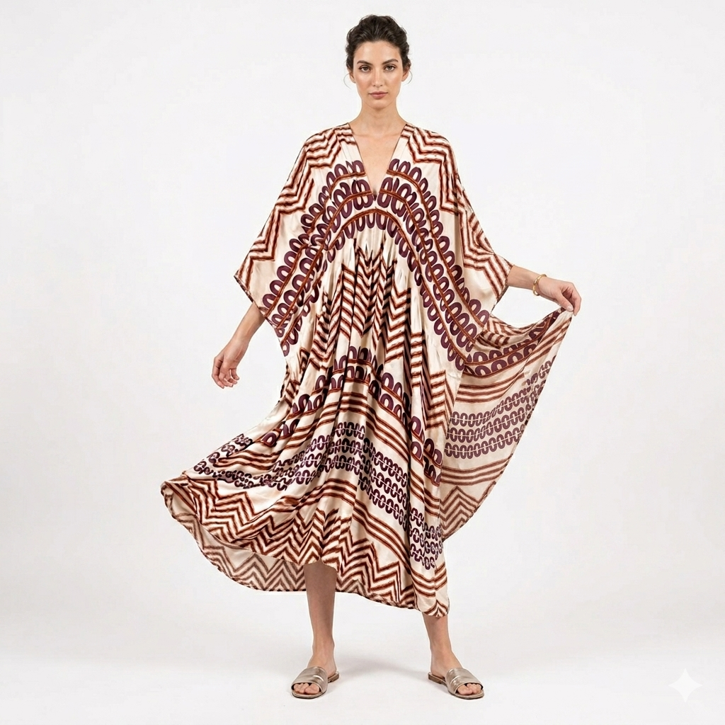 Cream Mustard Brown Geometric Print Free Size Dress - Image 3