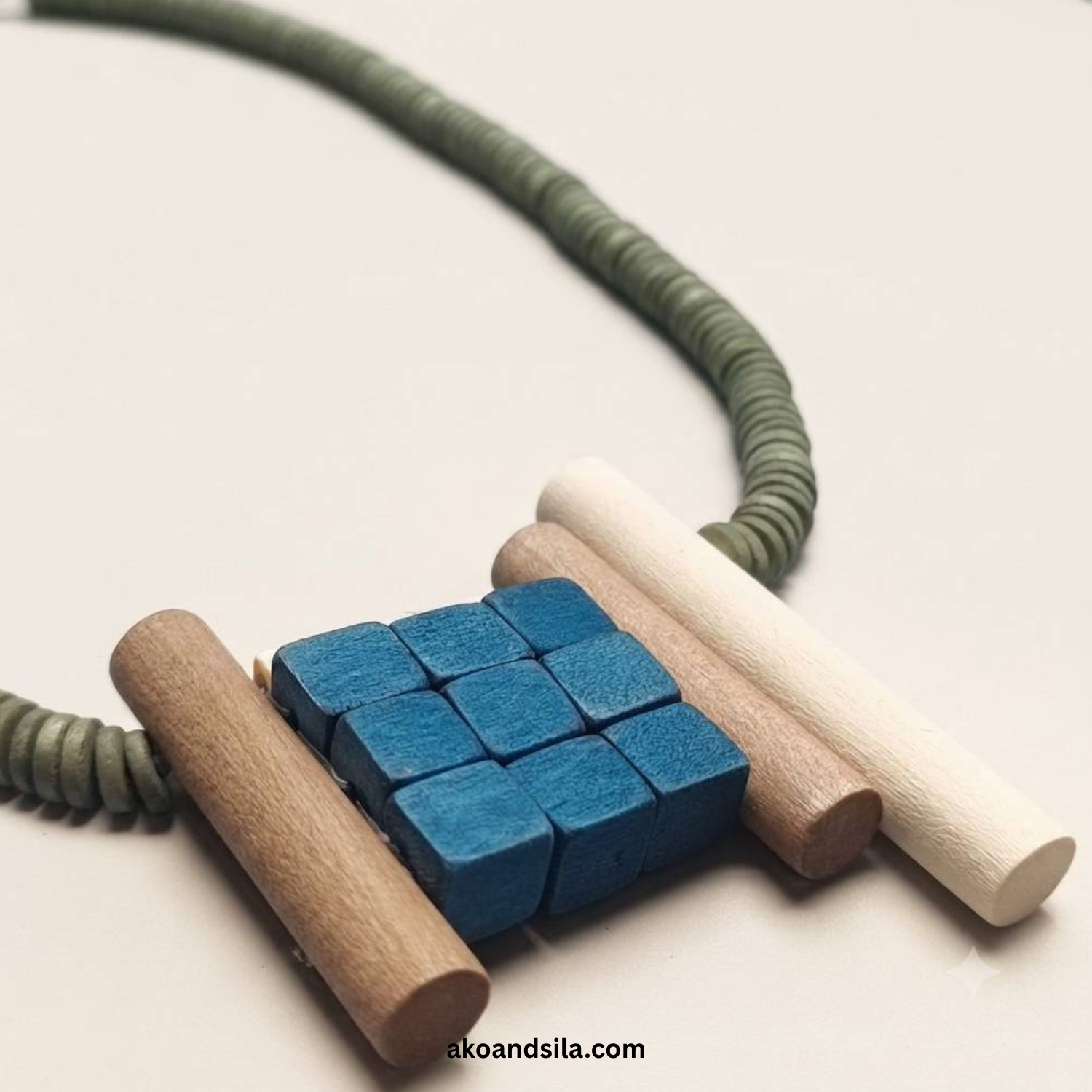 Olive Disc & Blue Mosaic Wood Necklace - Image 2