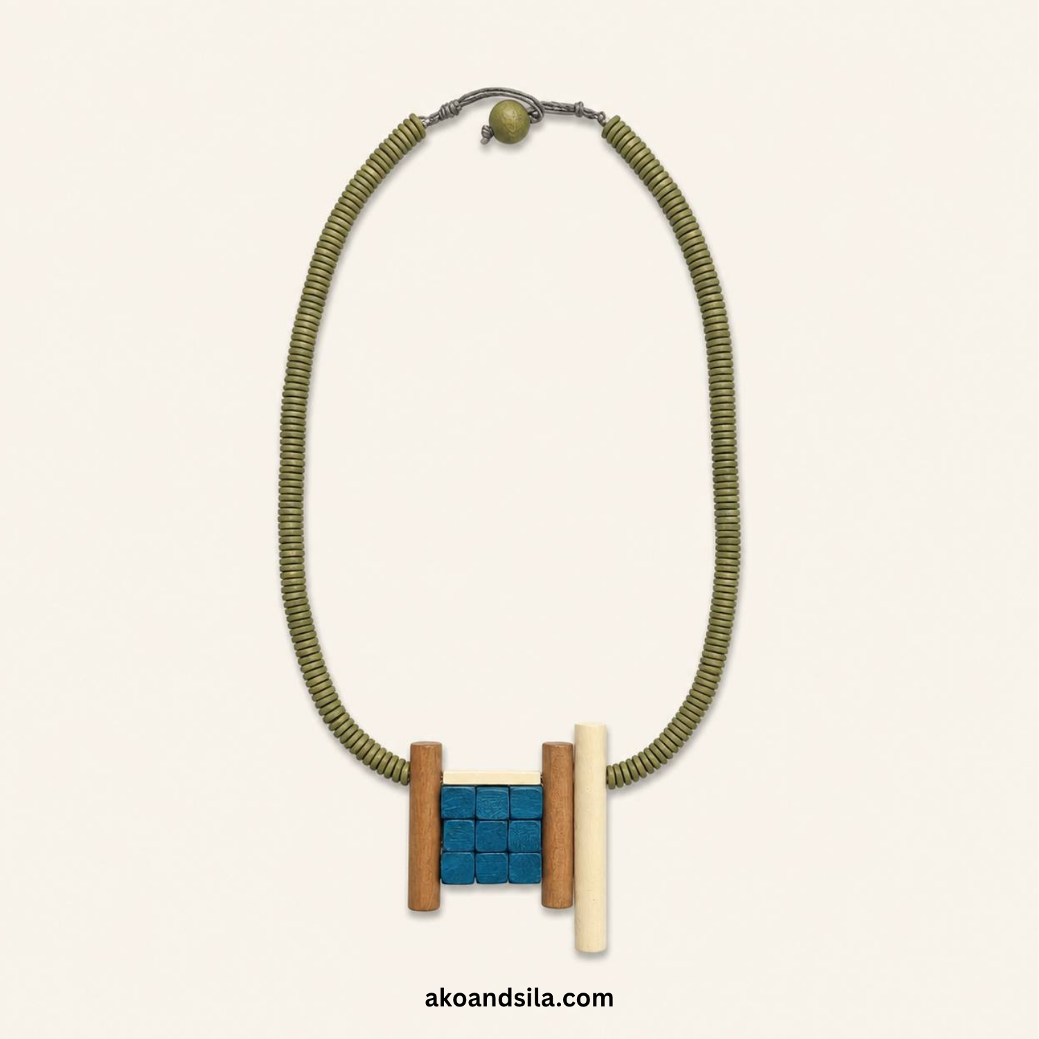 Olive Disc & Blue Mosaic Wood Necklace - Image 4