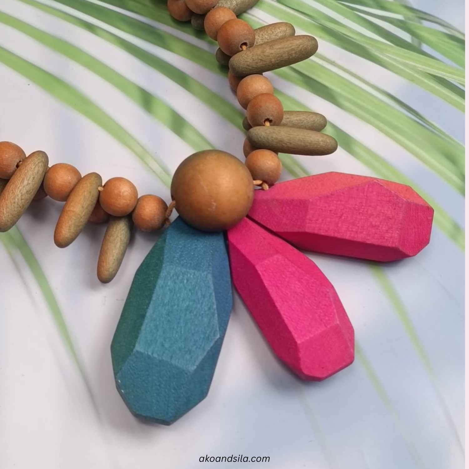 Fuchsia Wood Drop Bead Necklace - Image 2