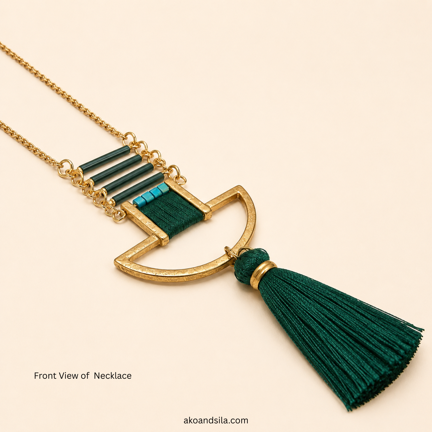 Green Tassel Geometric Pendant Necklace - Image 4