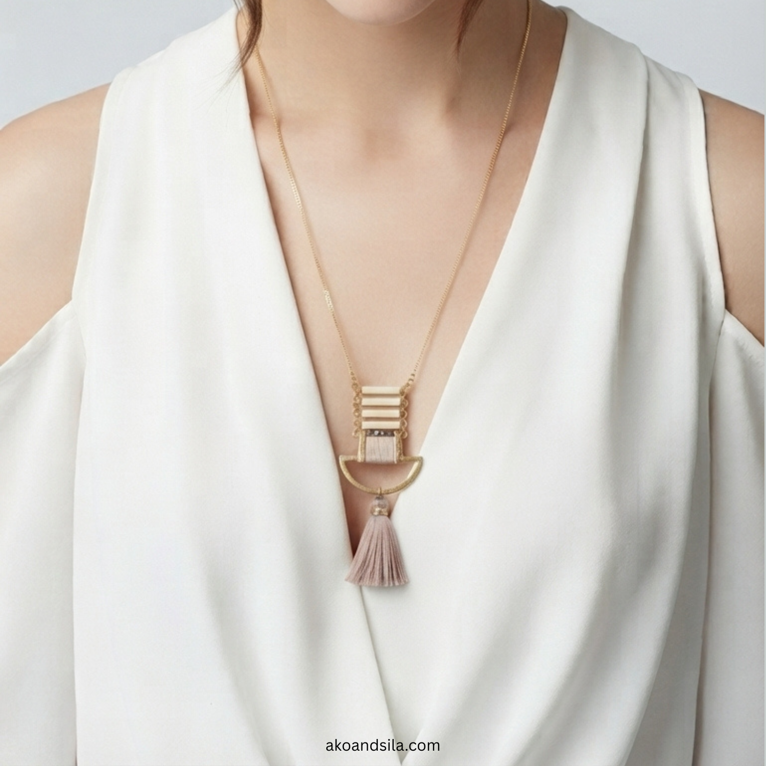 Blush Tassel Geometric Pendant Necklace - Image 2