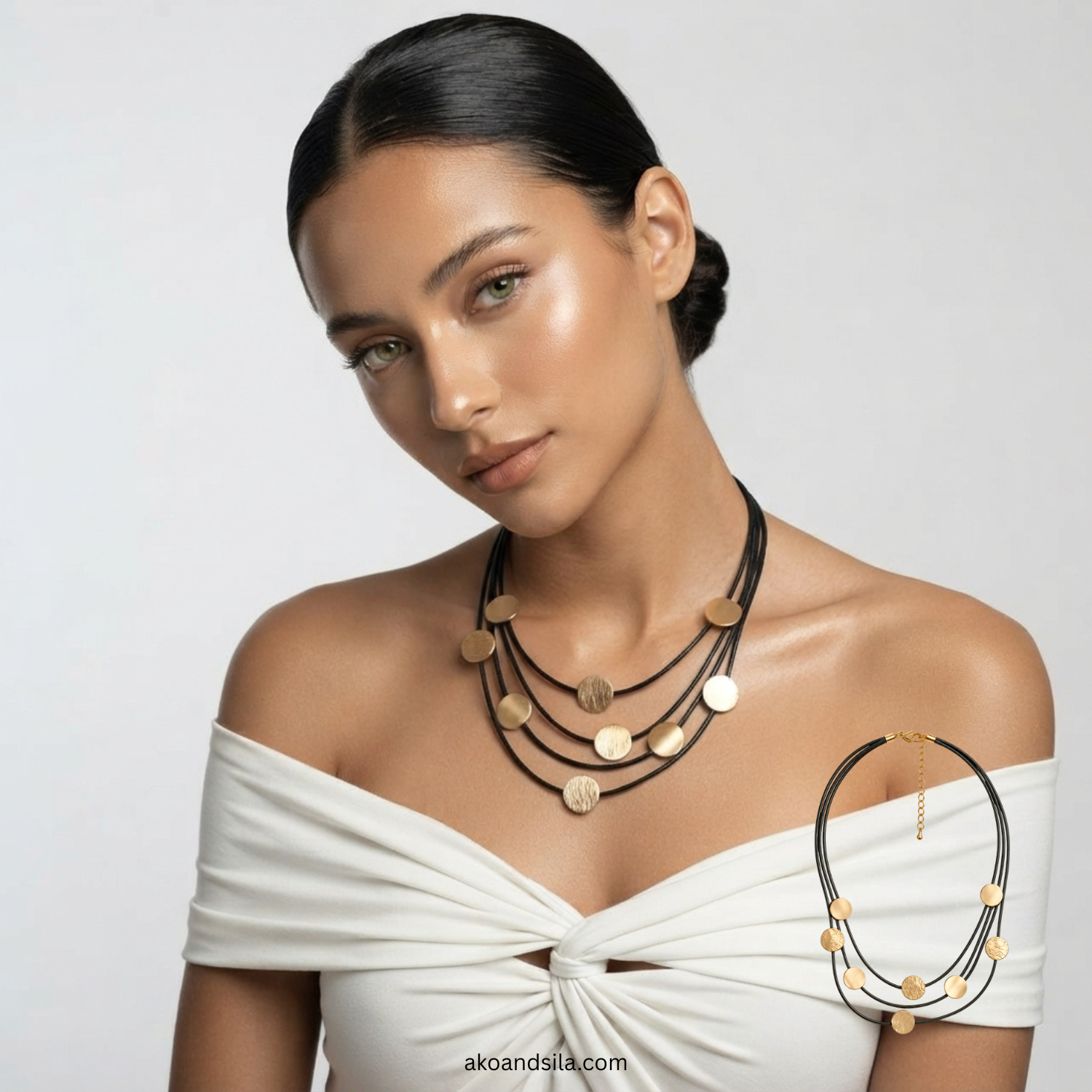 Golden Disc Multi Strand Cord Necklace - Image 2