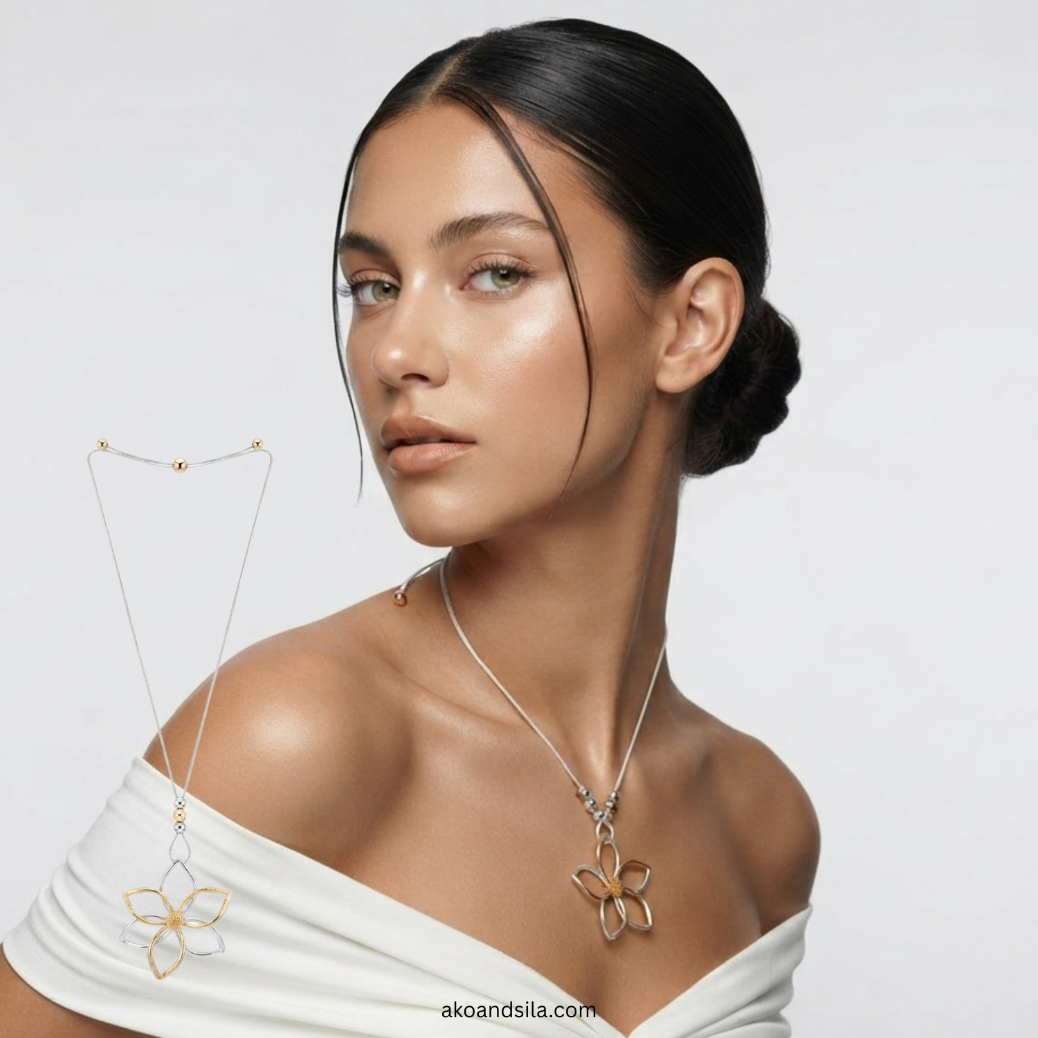 Mixed Metal Flower Outline Pendant Necklace - Image 3