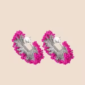 Pink Magenta Silver Fringe Beaded Earrings