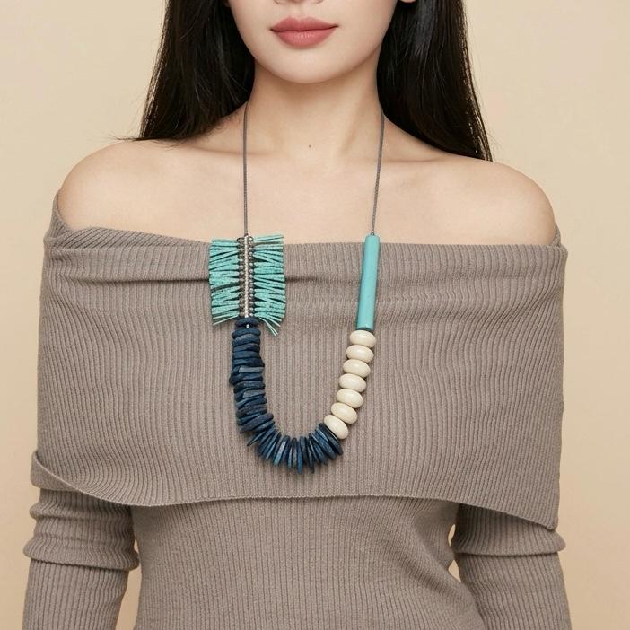 Blue Ivory Fringe Wood Necklace - Image 3