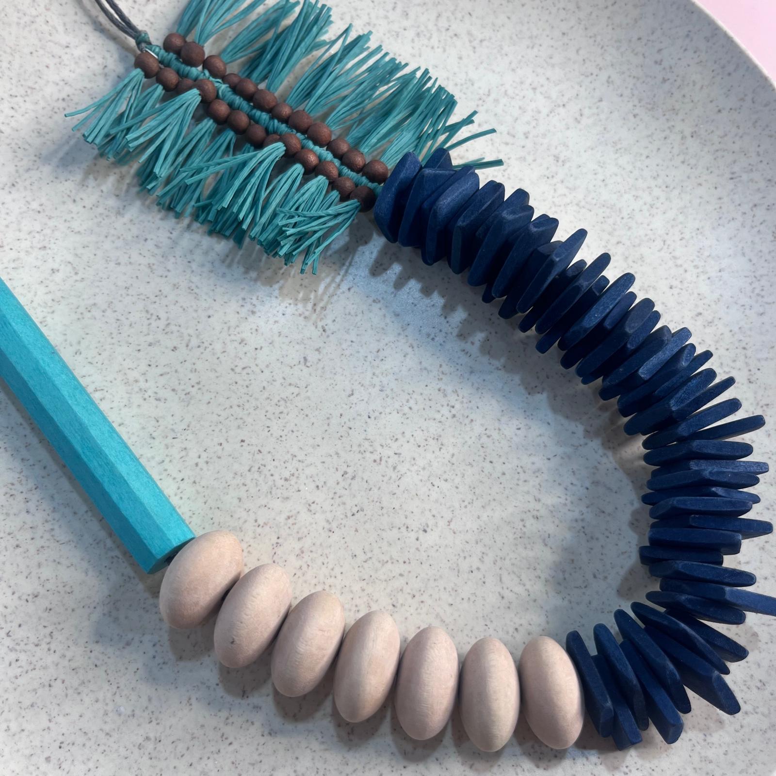 Blue Ivory Fringe Wood Necklace - Image 4