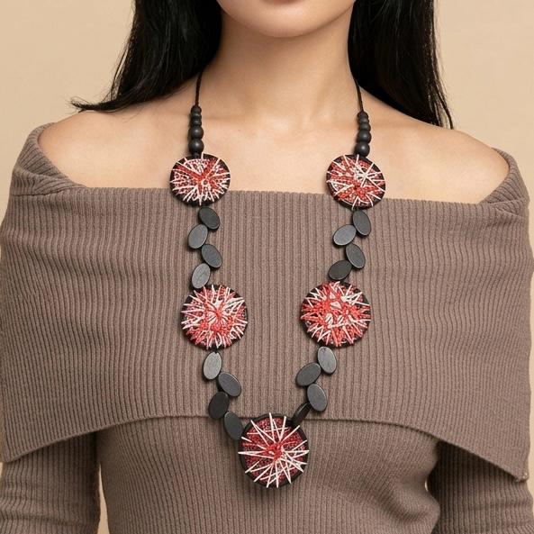 Black Red Thread Disc Necklace - Image 3