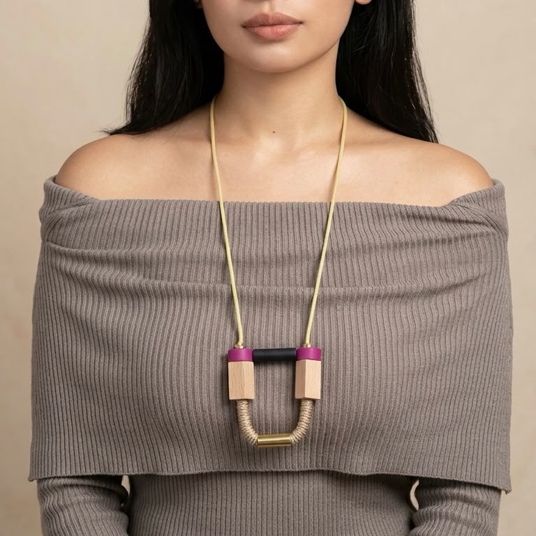 Pink Color Block Wood Collar Necklace - Image 4