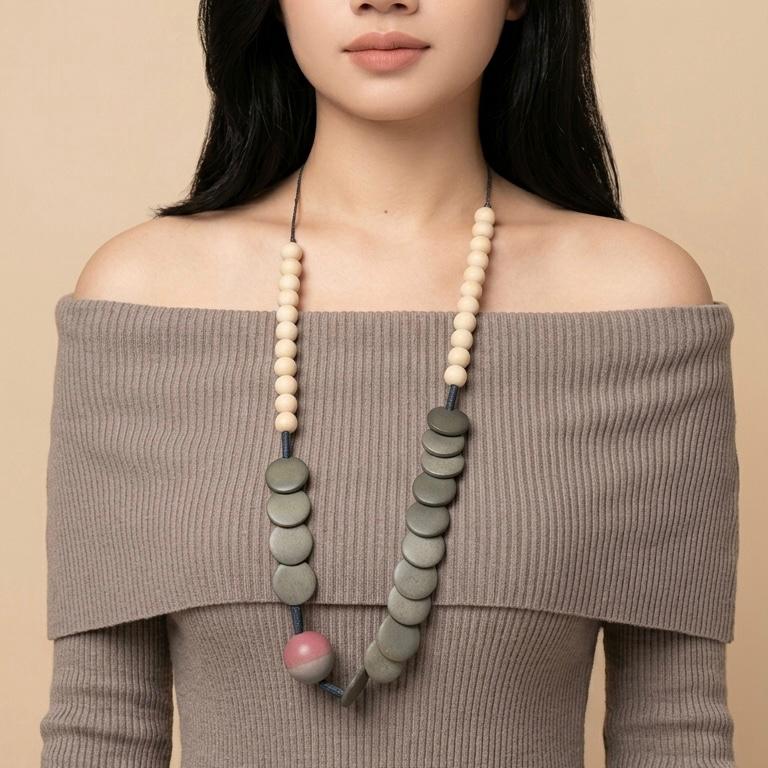 Olive Pink Wood Bead Necklace - Image 5