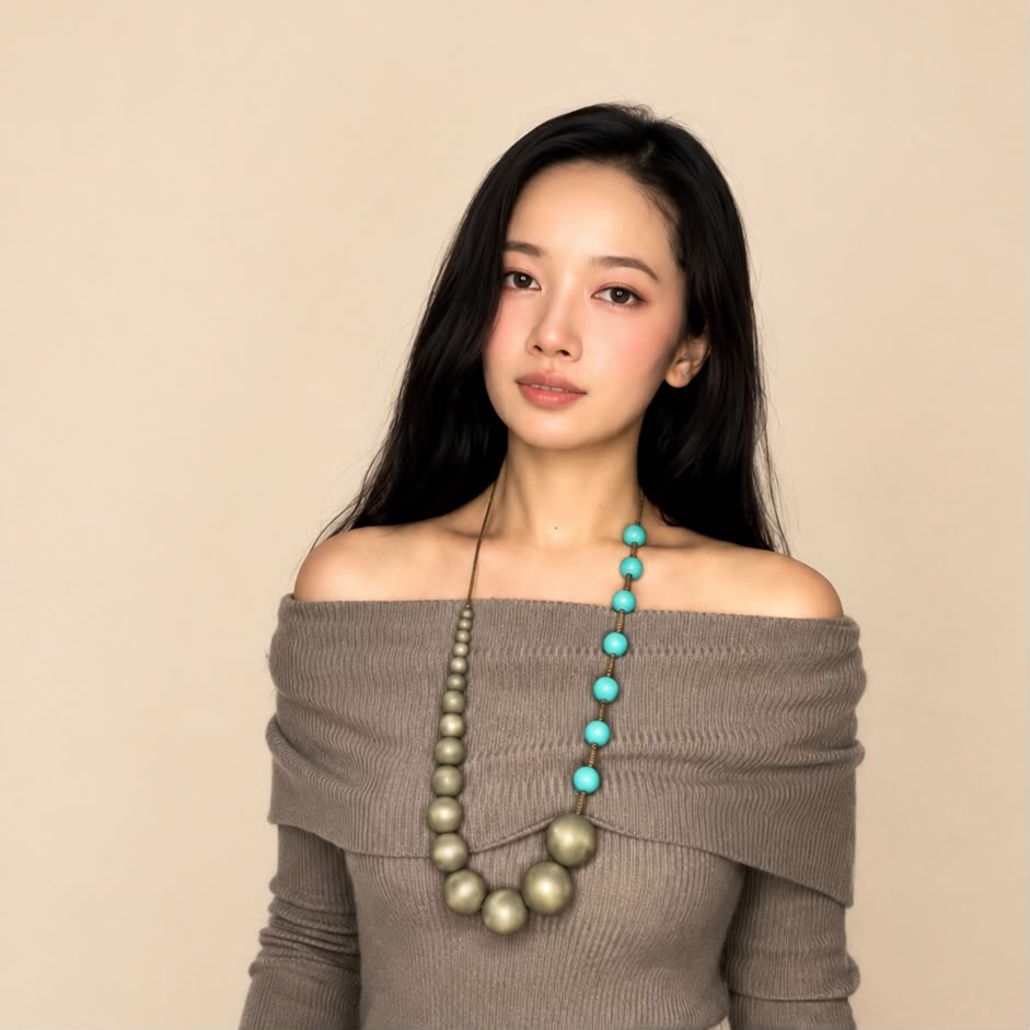 Olive Aqua Wood Bead Necklace - Image 4