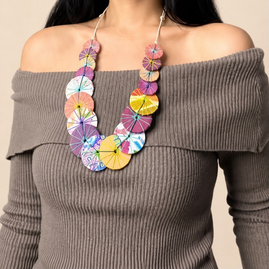 Multicolor Patchwork Disc Necklace - Image 4