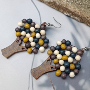 Mustard Blue Tree Wood Earrings