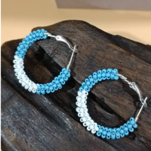 Blue White Beaded Hoop Earrings