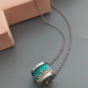 Silver Blue Beaded Spool Pendant Necklace