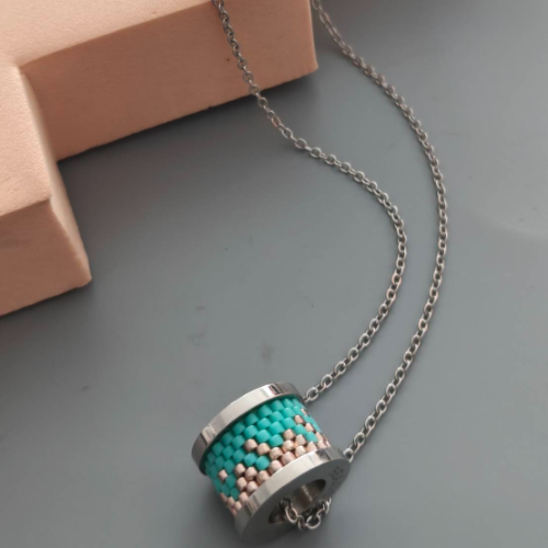 Silver Blue Beaded Spool Pendant Necklace