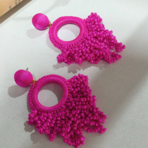 Pink Fringe Circle Beaded Earrings