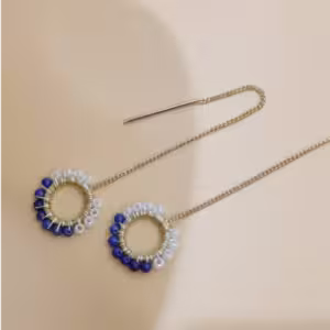 Blue White Beaded Threader Earrings