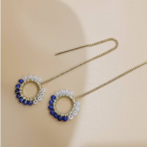 Blue White Beaded Threader Earrings