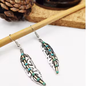 Turquoise Beaded Feather Earrings