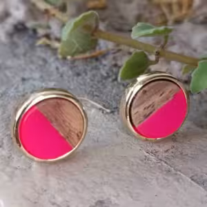 Deep Pink Wood Colorblock Stud Earrings