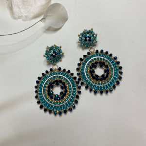Blue Black Round Beaded Earrings