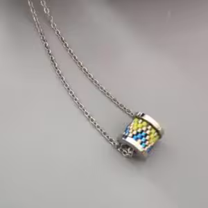 Silver Blue Lime Beaded Spool Pendant Necklace