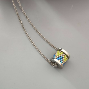 Silver Blue Lime Beaded Spool Pendant Necklace
