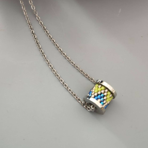 Silver Blue Lime Beaded Spool Pendant Necklace