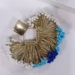 Blue White Beaded Fringe Fan Earrings