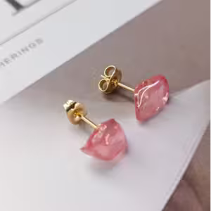 Gold Pink Heart Stone Stud Earrings