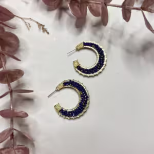 Dark Blue Half Hoop Beaded Earrings
