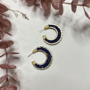 Dark Blue Half Hoop Beaded Earrings