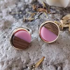 Pink Wood Colorblock Stud Earrings