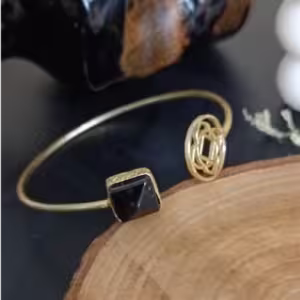 Gold Black Stone Open Cuff Bracelet