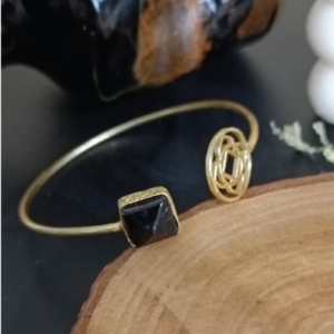 Golden Black Stone Open Cuff Bracelet