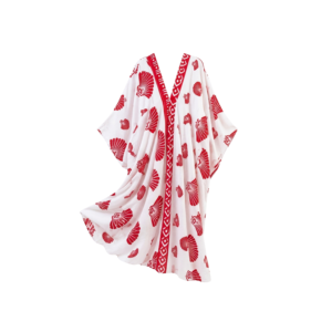 White Red Shell Print Free Size Dress