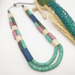 Turquoise Pink Layered Wood Necklace