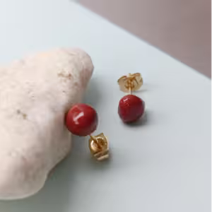 Gold Red Round Stud Earrings