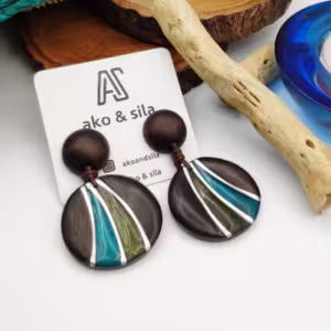 Teal Stripe Wood Disc Earrings