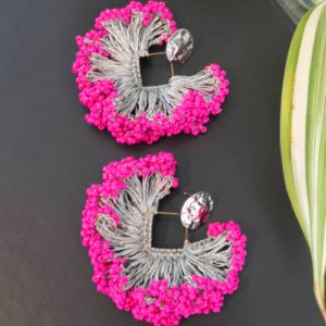 Pink Magenta Silver Fringe Beaded Earrings