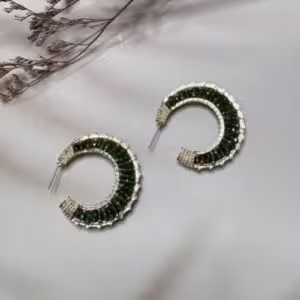 Green Half Hoop Beaded Earrings