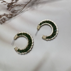 Green Half Hoop Beaded Earrings