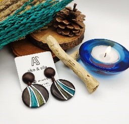 Brown Teal Wood Disc Earrings