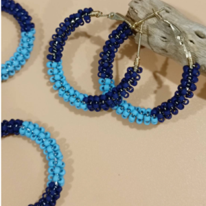 Dark Blue Beaded Hoop Earrings