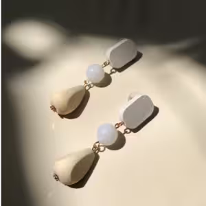 White Bead Wood Drop Earrings
