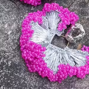 Hot Pink Silver Beaded Fan Earrings
