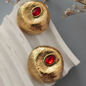 Gold Red Crystal Dome Stud Earrings