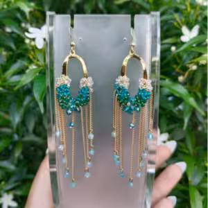 White Blue Beaded Tassel Earrings